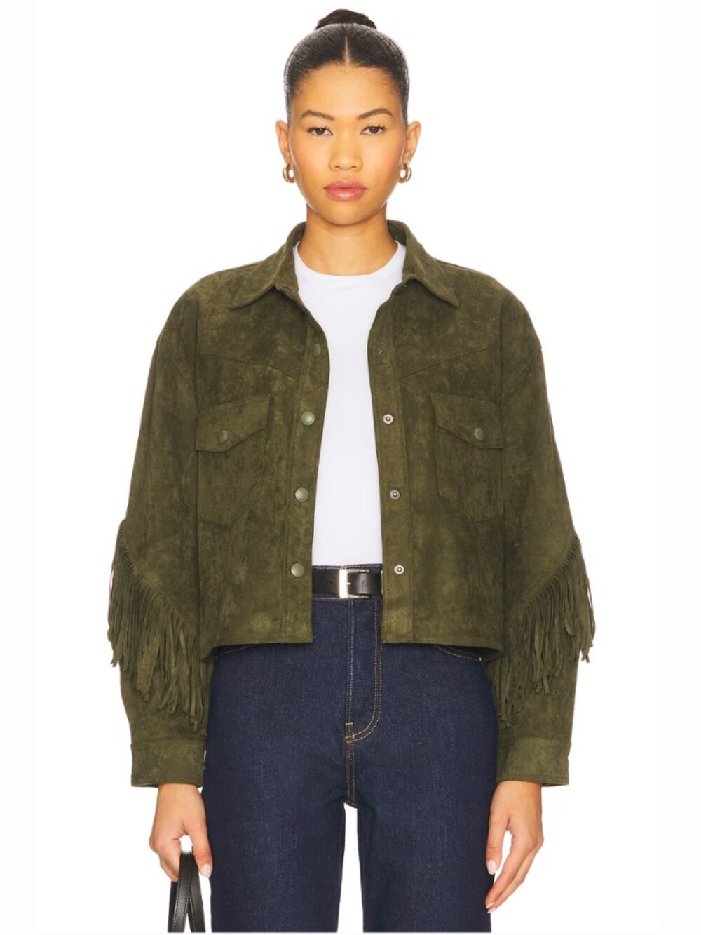 BLANK NYC Faux Suede Fringe Jacket Olive Green Western Shacket Snap Front Boho